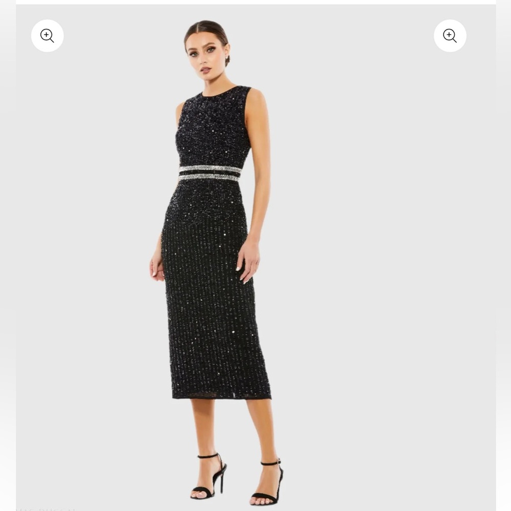 Mac Duggal Black Sleeveless High Neck Beaded Midi Sheath
Dress